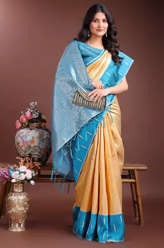 yellow color lichi art silk blend zari weaving saree with blouse