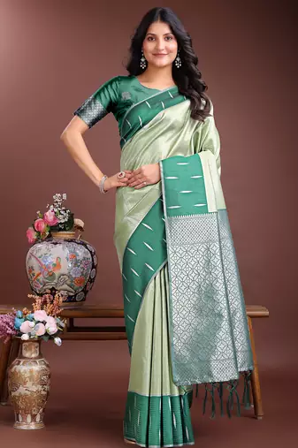 light green color lichi art silk blend zari weaving saree with blouse
