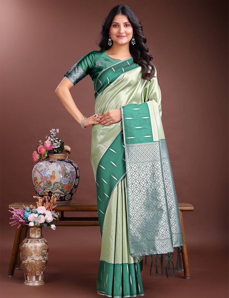 light green color lichi art silk blend zari weaving saree with blouse
