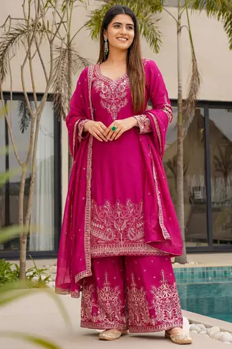 Pink Embroidered Chinon Palazzo Suit