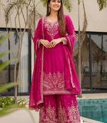 Pink Embroidered Chinon Palazzo Suit