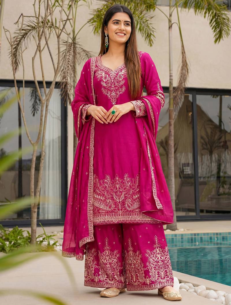 Pink Embroidered Chinon Palazzo Suit