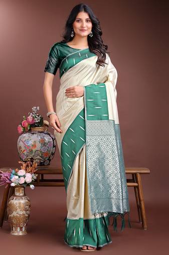 cream color lichi art silk blend zari weaving saree with blouse