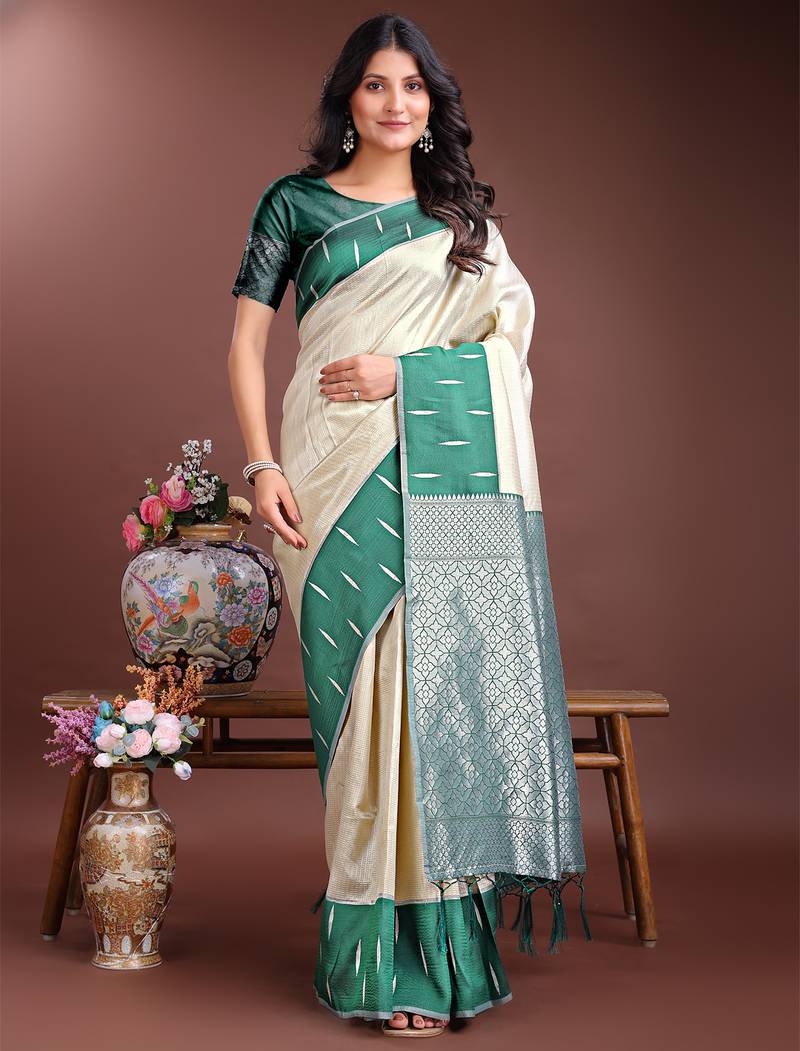 cream color lichi art silk blend zari weaving saree with blouse