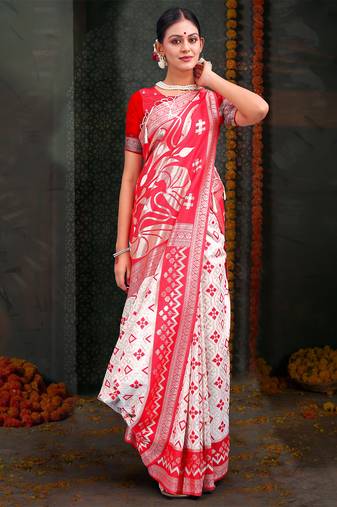 white & red color linen cotton woven work saree with blouse