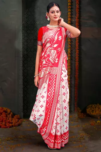 white & red color linen cotton woven work saree with blouse