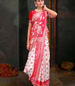 white & red color linen cotton woven work saree with blouse