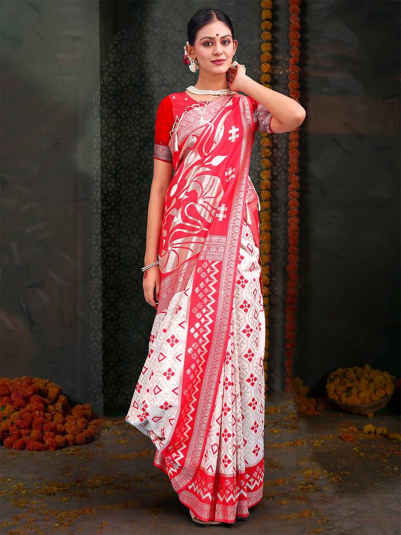 white & red color linen cotton woven work saree with blouse