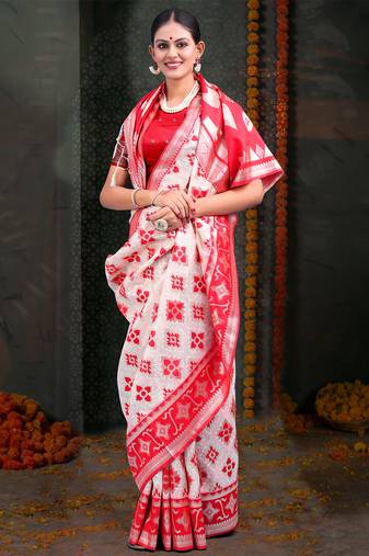 white & red color linen cotton woven work saree with blouse