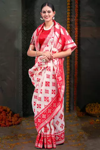 white & red color linen cotton woven work saree with blouse