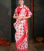 white & red color linen cotton woven work saree with blouse