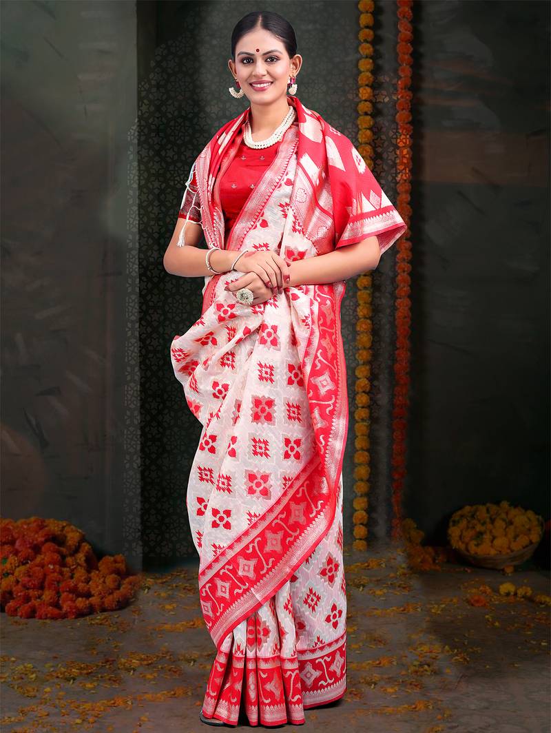 white & red color linen cotton woven work saree with blouse