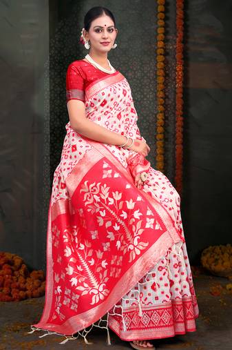 white & red color linen cotton woven work saree with blouse