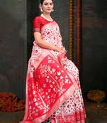 white & red color linen cotton woven work saree with blouse