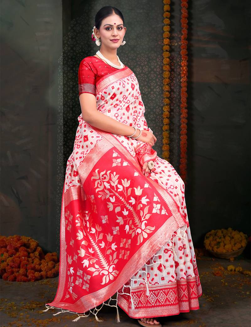 white & red color linen cotton woven work saree with blouse