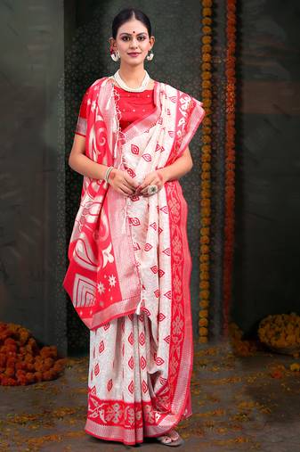 white & red color linen cotton woven work saree with blouse