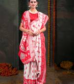 white & red color linen cotton woven work saree with blouse