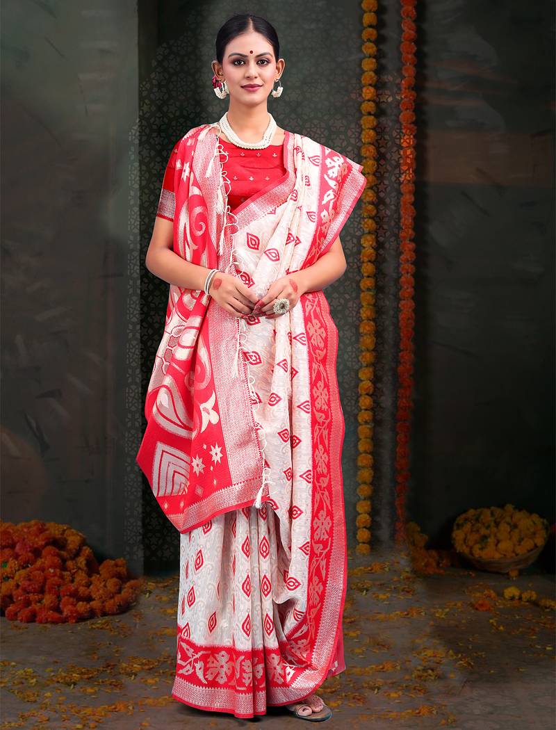 white & red color linen cotton woven work saree with blouse