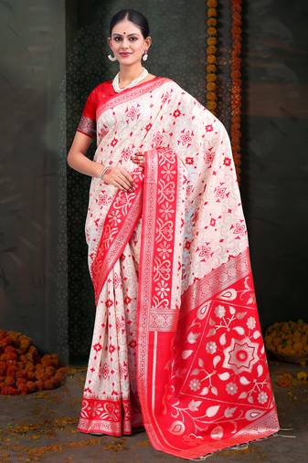 white & red color linen cotton woven work saree with blouse