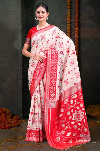 white & red color linen cotton woven work saree with blouse