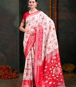 white & red color linen cotton woven work saree with blouse