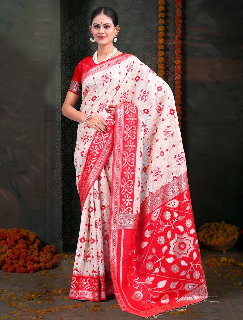 white & red color linen cotton woven work saree with blouse