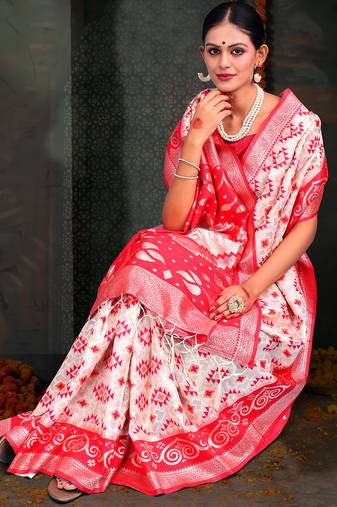 white & red color linen cotton woven work saree with blouse