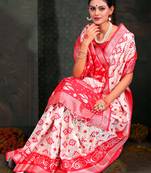 white & red color linen cotton woven work saree with blouse