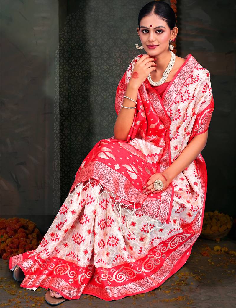 white & red color linen cotton woven work saree with blouse