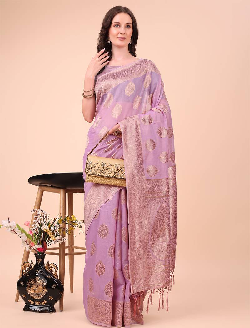 light pink cotton woven work saree with blouse