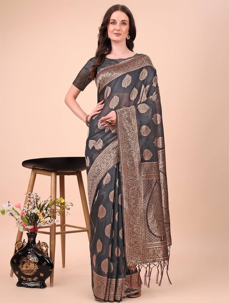 black cotton woven work saree with blouse