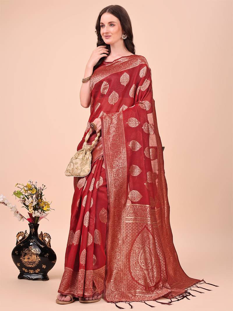 maroon cotton woven work saree with blouse