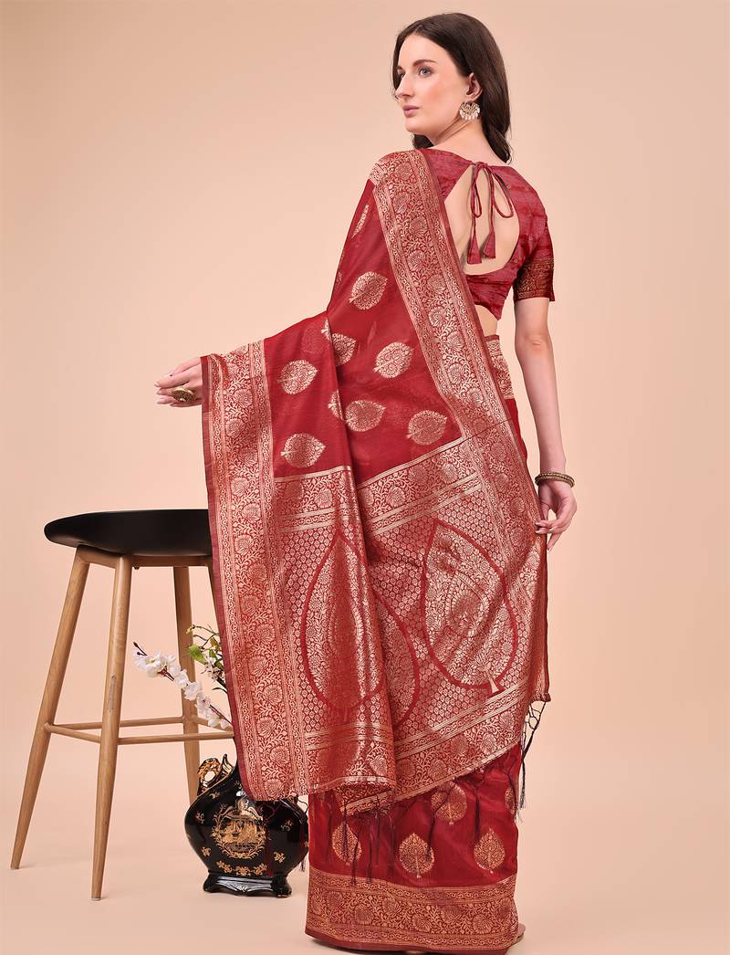 maroon cotton woven work saree with blouse