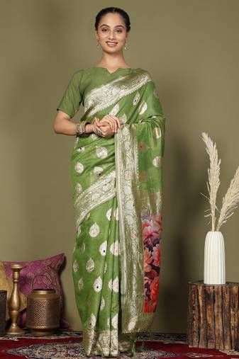 green color linen cotton woven work flower pallu saree 