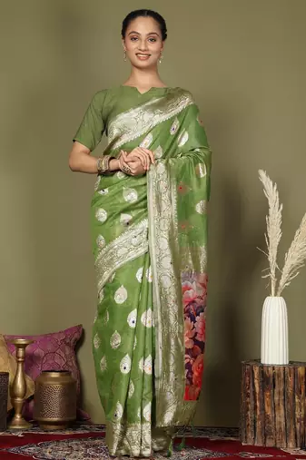 green color linen cotton woven work flower pallu saree 