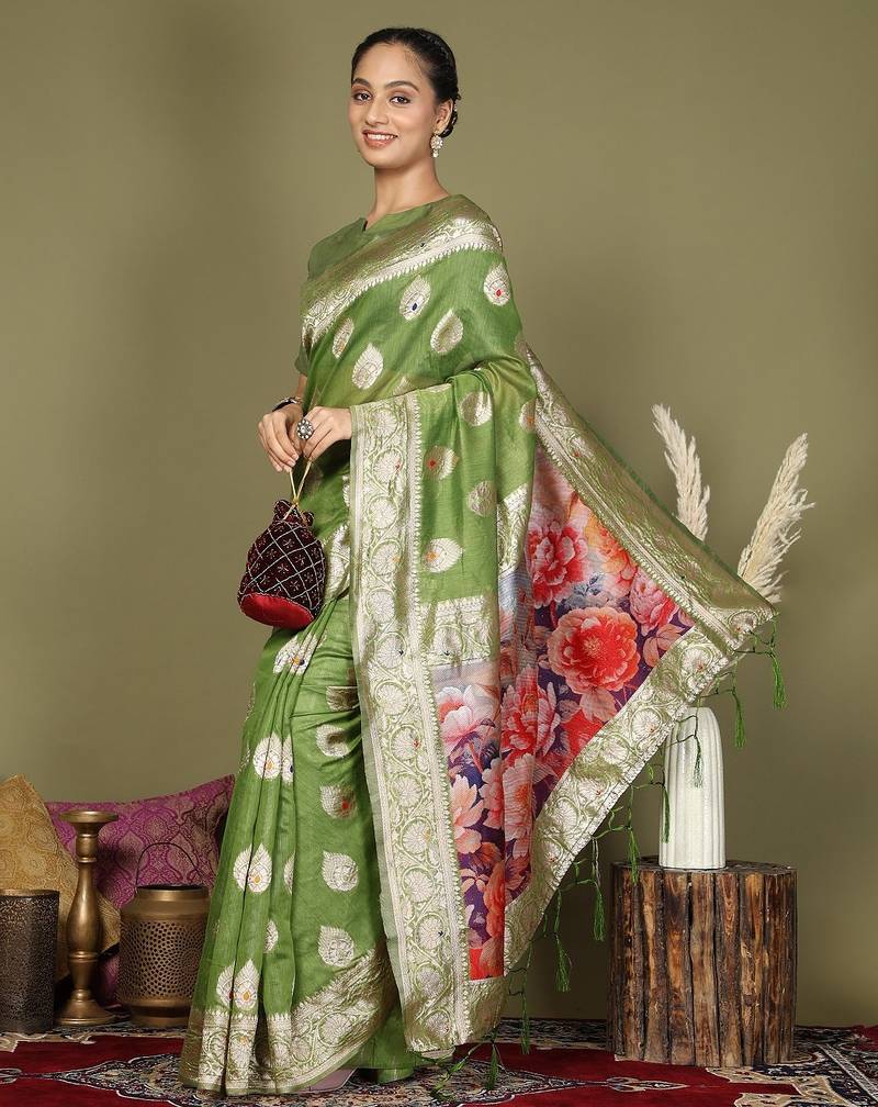 green color linen cotton woven work flower pallu saree 