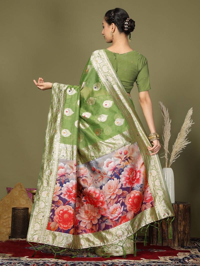 green color linen cotton woven work flower pallu saree 