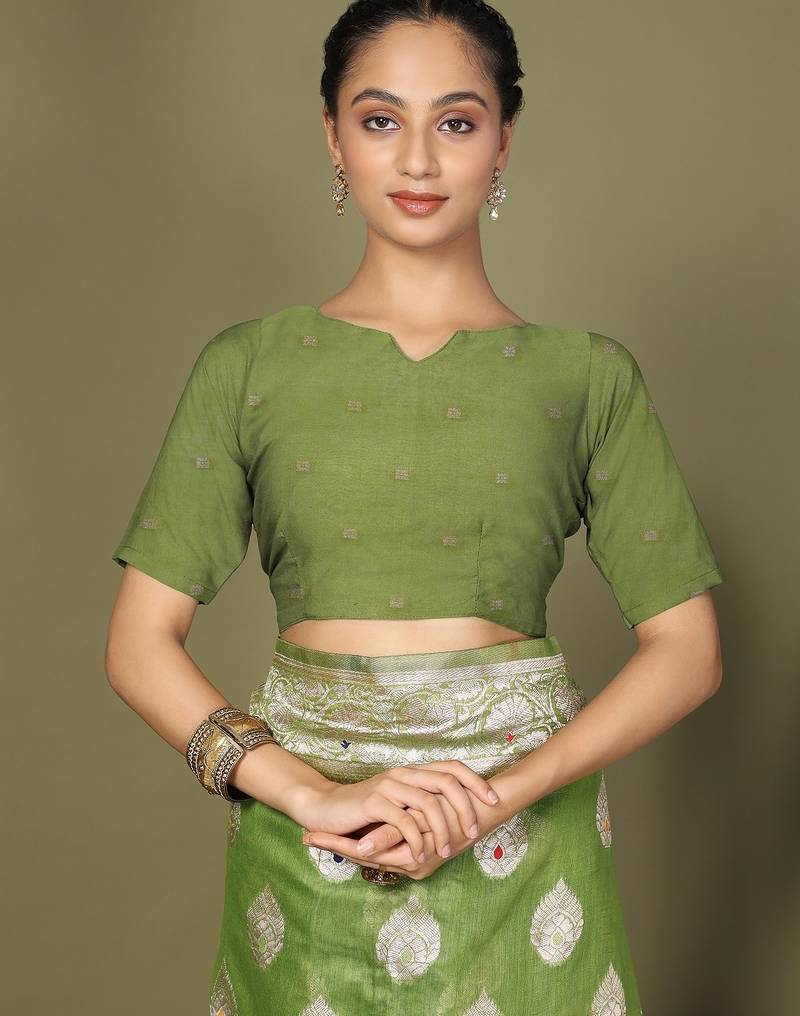 green color linen cotton woven work flower pallu saree 