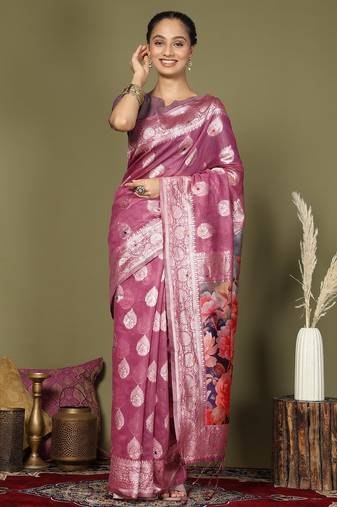 pink color linen cotton woven work flower pallu saree 