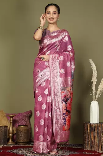 pink color linen cotton woven work flower pallu saree 
