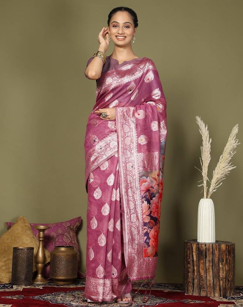 pink color linen cotton woven work flower pallu saree 