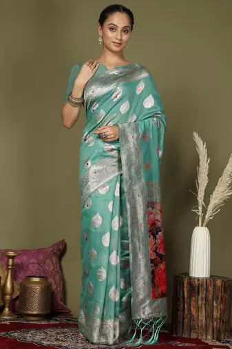 rama green color linen cotton woven work flower pallu saree 