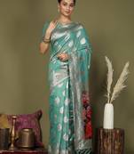 rama green color linen cotton woven work flower pallu saree 