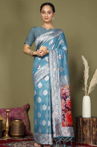 sky blue color linen cotton woven work flower pallu saree 