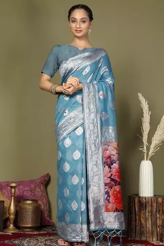 sky blue color linen cotton woven work flower pallu saree 