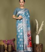 sky blue color linen cotton woven work flower pallu saree 