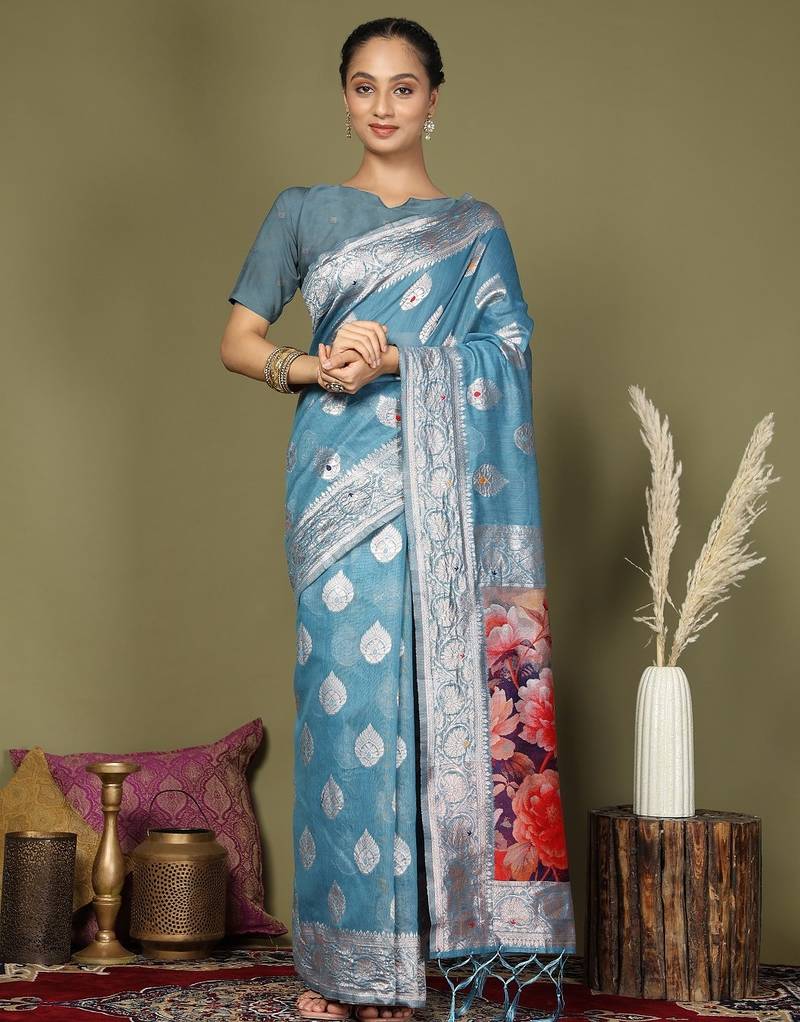 sky blue color linen cotton woven work flower pallu saree 