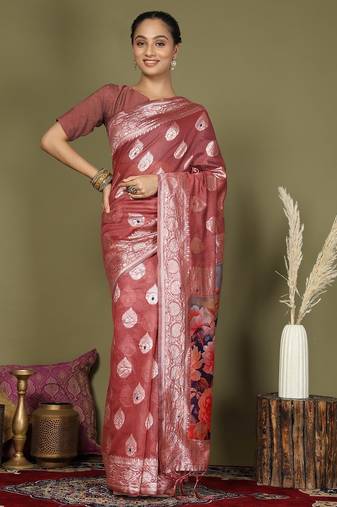 rust color linen cotton woven work flower pallu saree 