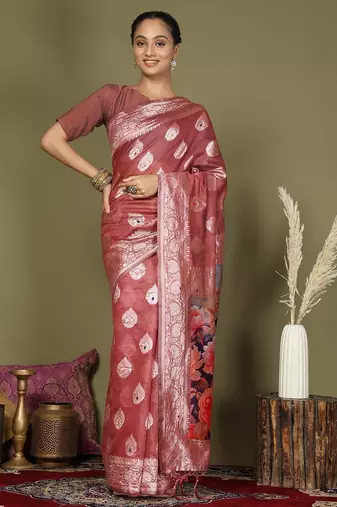 rust color linen cotton woven work flower pallu saree 