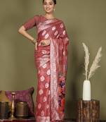 rust color linen cotton woven work flower pallu saree 